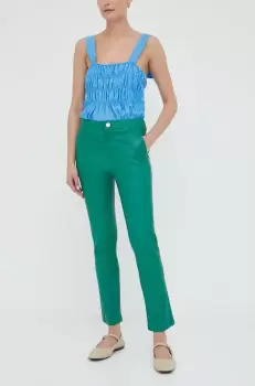 2NDDAY pantaloni de piele femei, culoarea verde, drept, high waist imagine