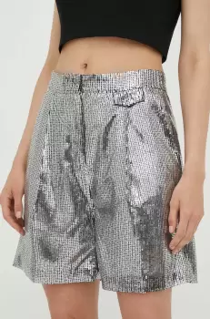 2NDDAY pantaloni scurti femei, culoarea argintiu, cu imprimeu, high waist imagine