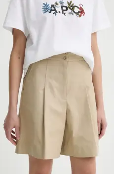 A.P.C. pantaloni scurti din bumbac short orlane femei, culoarea verde, uni, high waist, COHFU.F10214 imagine