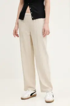 Abercrombie & Fitch pantaloni din in femei, culoarea bej, lat, high waist, KI156-5129 imagine