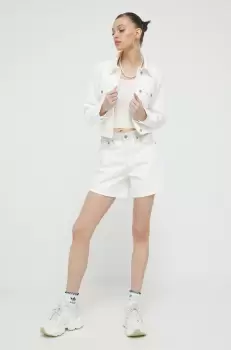 Abercrombie & Fitch pantaloni scurti jeans femei, culoarea bej, neted, high waist imagine