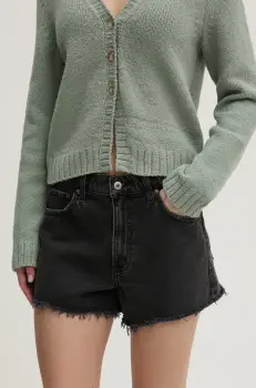 Abercrombie & Fitch pantaloni scurti jeans femei, culoarea gri, neted, high waist, KI149-5000 imagine