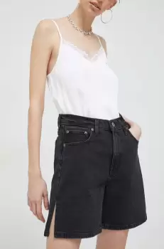 Abercrombie & Fitch pantaloni scurti jeans femei, culoarea negru, neted, high waist imagine