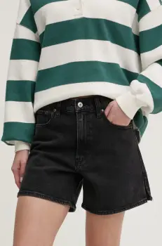 Abercrombie & Fitch pantaloni scurti jeans femei, culoarea negru, neted, high waist, KI149-5012 imagine