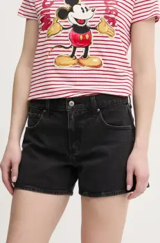 Abercrombie & Fitch pantaloni scurti jeans femei, culoarea negru, uni, high waist, KI149-5123 imagine