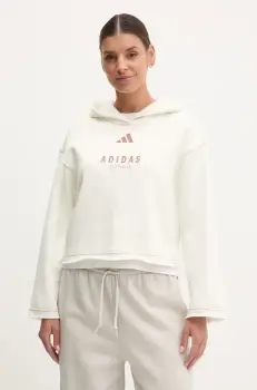 adidas bluza ALL SZN Graphic femei, culoarea bej, cu gluga, cu imprimeu, JJ4517 imagine