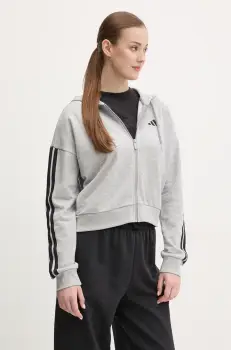 adidas bluza Essentials femei, culoarea gri, cu gluga, cu imprimeu, JE0055 imagine
