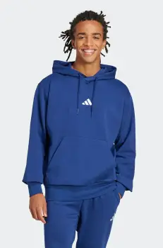 adidas bluza Feelcozy barbati, culoarea albastru marin, cu gluga, cu imprimeu, JE3810 imagine
