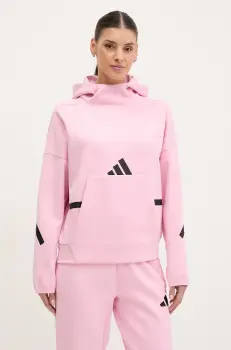 adidas bluza Z.N.E. femei, culoarea roz, cu gluga, cu imprimeu, JD5992 imagine