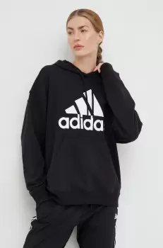 Adidas hanorac de bumbac femei, culoarea negru, cu gluga, cu imprimeu imagine