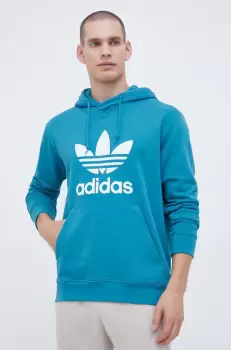 adidas Originals hanorac de bumbac barbati, culoarea turcoaz, cu gluga, cu imprimeu imagine