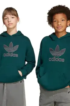adidas Originals hanorac de bumbac pentru copii culoarea verde, cu gluga, cu imprimeu, JV8640 imagine