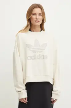 adidas Originals hanorac de bumbac SNAKE CREW femei, culoarea bej, cu imprimeu, JC8329 imagine