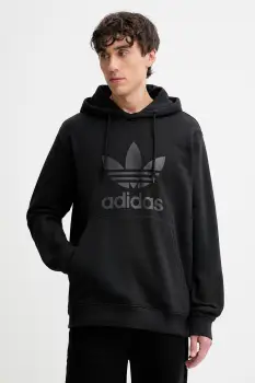 adidas Originals hanorac de bumbac Trefoil Hoody culoarea negru, cu gluga, cu imprimeu, JY3766 imagine