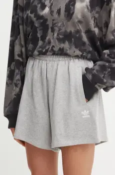 adidas Originals pantaloni scurti din bumbac culoarea gri, melanj, high waist, IY7341 imagine