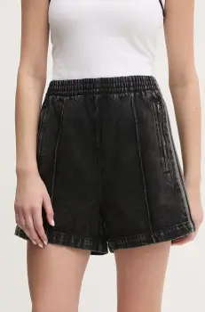 adidas Originals pantaloni scurti jeans Firebird femei, culoarea negru, cu imprimeu, high waist, JD3107 imagine