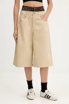 adidas Originals pantaloni scurti jeans Firebird Utility culoarea bej, uni, high waist, JX8762 imagine