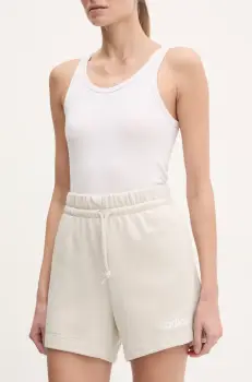 adidas pantaloni scurti Essentials Linear femei, culoarea bej, cu imprimeu, high waist, JD3170 imagine