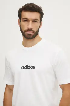 adidas tricou din bumbac Essentials Linear barbati, culoarea bej, cu imprimeu, JE9000 imagine