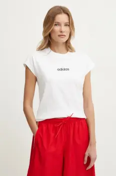 adidas tricou din bumbac Essentials Linear femei, culoarea bej, JC8239 imagine