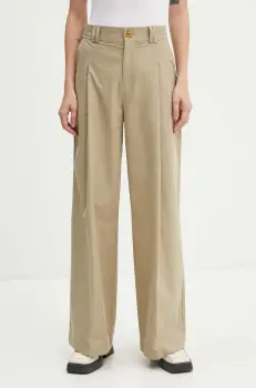 AERON pantaloni de bumbac culoarea bej, lat, high waist, PFPA249512 imagine