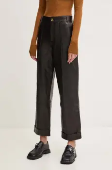 AERON pantaloni de piele femei, culoarea negru, drept, high waist, CRPA217019 imagine