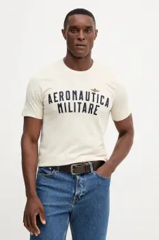 Aeronautica Militare tricou din bumbac culoarea bej, cu imprimeu, TS2478UJ00641 imagine