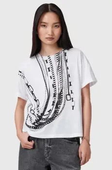 AllSaints bluza din bumbac METALLO femei, culoarea alb, cu imprimeu, W039JC imagine