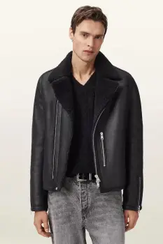 AllSaints geaca biker de piele CORREZ culoarea negru, de tranzitie, M022LD imagine