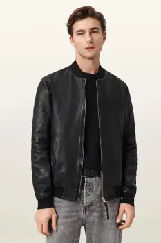 AllSaints geaca bomber barbateasca din piele MORTEN imagine