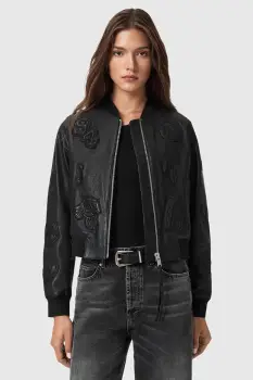 AllSaints geaca bomber de piele culoarea negru, de tranzitie, W090LD imagine