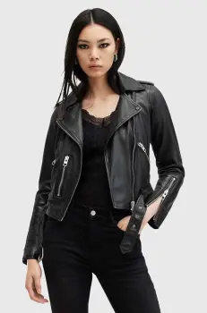 AllSaints geaca de piele BALFERN BIKER femei, culoarea negru, de tranzitie, W084LB imagine