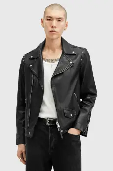 AllSaints geaca de piele CROW barbati, culoarea negru, de tranzitie, M053LB imagine