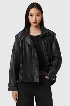 AllSaints geaca de piele culoarea negru, de tranzitie, W051LD imagine