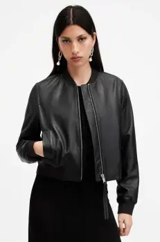 AllSaints geaca de piele ORTEN BOMBER JACKET femei, culoarea negru, de tranzitie, W072LB imagine