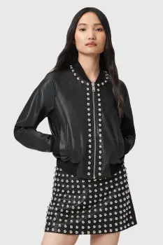 AllSaints geaca de piele ORTEN culoarea negru, de tranzitie, W032LD imagine