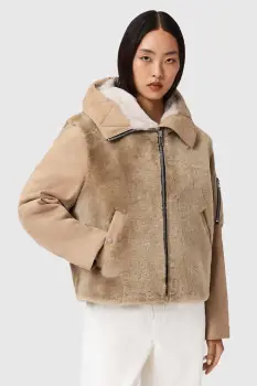 AllSaints geaca din piele intoarsa culoarea bej, de tranzitie, W062LD imagine