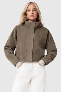 AllSaints geaca din piele intoarsa culoarea bej, de tranzitie, W092LD imagine