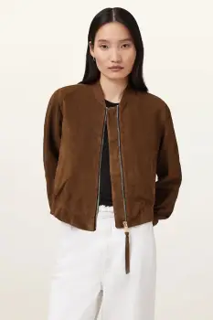 AllSaints geaca din piele intoarsa ORTEN culoarea maro, de tranzitie, W041LD imagine