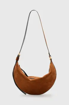 AllSaints geanta de mana din piele intoarsa HALFMOON culoarea maro, W337XC imagine