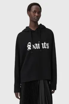 AllSaints hanorac de bumbac SAINT culoarea negru, cu gluga, cu imprimeu, W140JD imagine