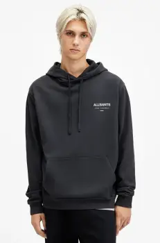 AllSaints hanorac de bumbac UNDERGROUND barbati, culoarea albastru marin, cu gluga, cu imprimeu, M034NB imagine