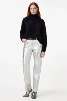 AllSaints pantaloni de piele SAIGE femei, culoarea argintiu, drept, medium waist, W047TB imagine