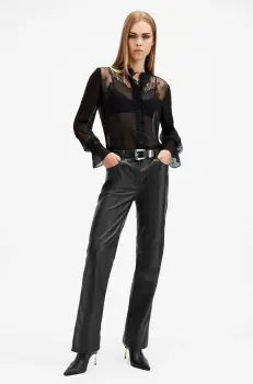 AllSaints pantaloni de piele SAIGE femei, culoarea negru, drept, medium waist, W037TB imagine