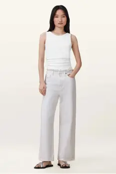 AllSaints pantaloni din bumbac BLAKE culoarea alb, lat, medium waist, W091EC imagine