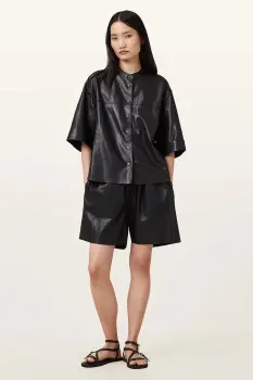 AllSaints pantaloni scurti de piele ARLA culoarea negru, uni, high waist, W059TC imagine