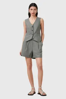 AllSaints pantaloni scurti din amestec de in AVERIE culoarea gri, uni, medium waist, W046QC imagine