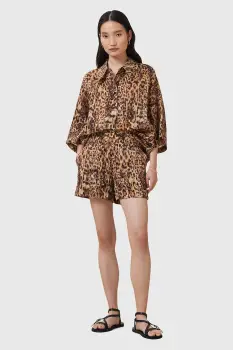 AllSaints pantaloni scurti din amestec de matase CHARLI culoarea portocaliu, cu imprimeu, high waist, W037TC imagine