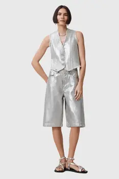 AllSaints pantaloni scurti din bumbac LOUIE culoarea argintiu, uni, high waist, W068EC imagine