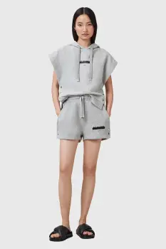 AllSaints pantaloni scurti din bumbac SORRI culoarea gri, cu imprimeu, high waist, W053TC imagine